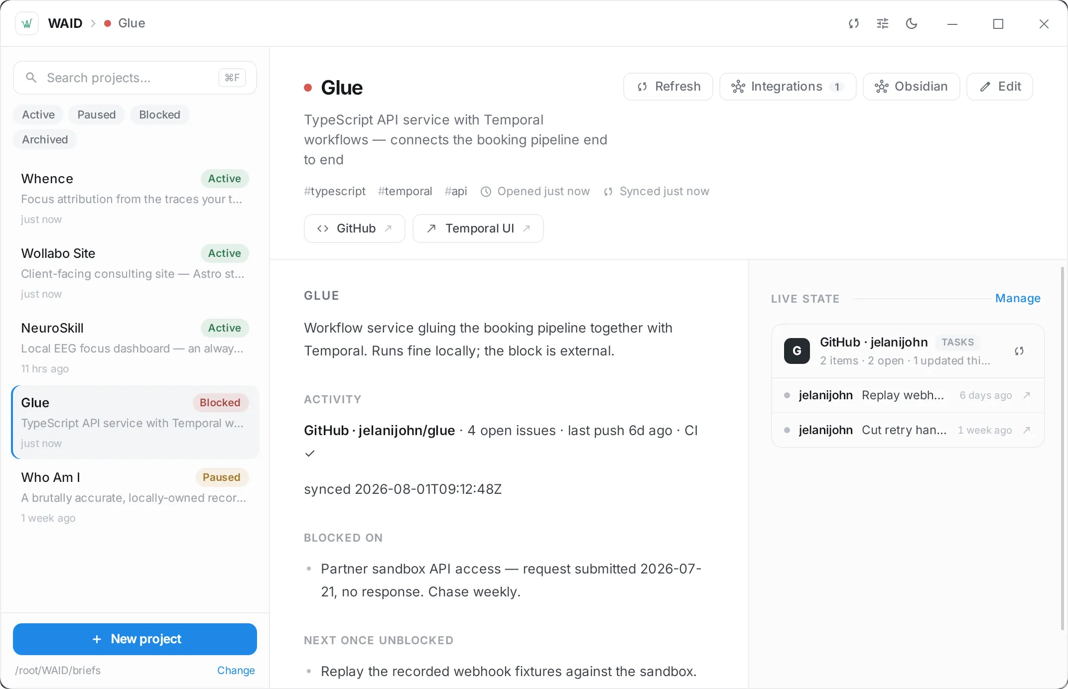 A blocked project in the light appearance: the Glue brief with a red Blocked pill, an Activity line from GitHub, a Blocked On section naming the awaited partner sandbox access, and a Next Once Unblocked list