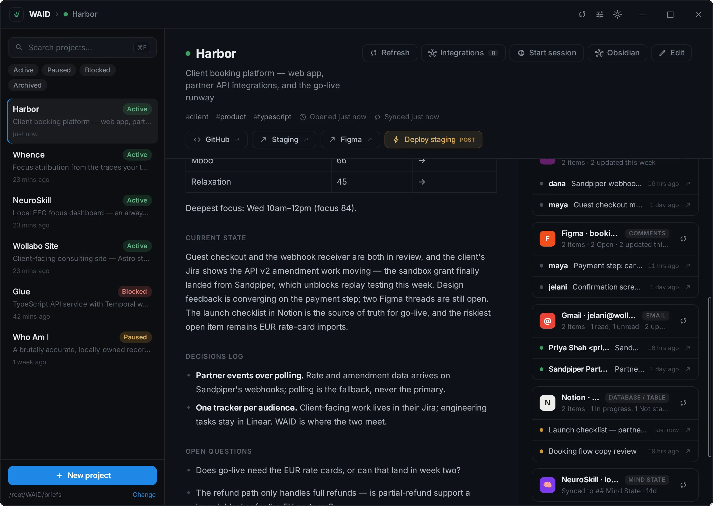 A client project brief in WAID showing an AI-written Current State summary, a hand-written decisions log, and Open Questions — beside a live-state rail of Figma comments, Gmail messages, and Notion checklist items