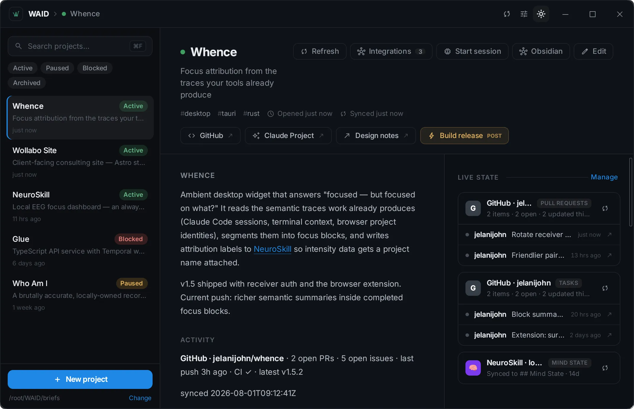 The WAID dashboard: a sidebar of six projects with status pills — Whence and Wollabo Site active, Glue blocked, Who Am I paused — beside the Whence brief with launch buttons, a webhook button, a synced Activity block, and a live-state rail of GitHub and NeuroSkill feeds
