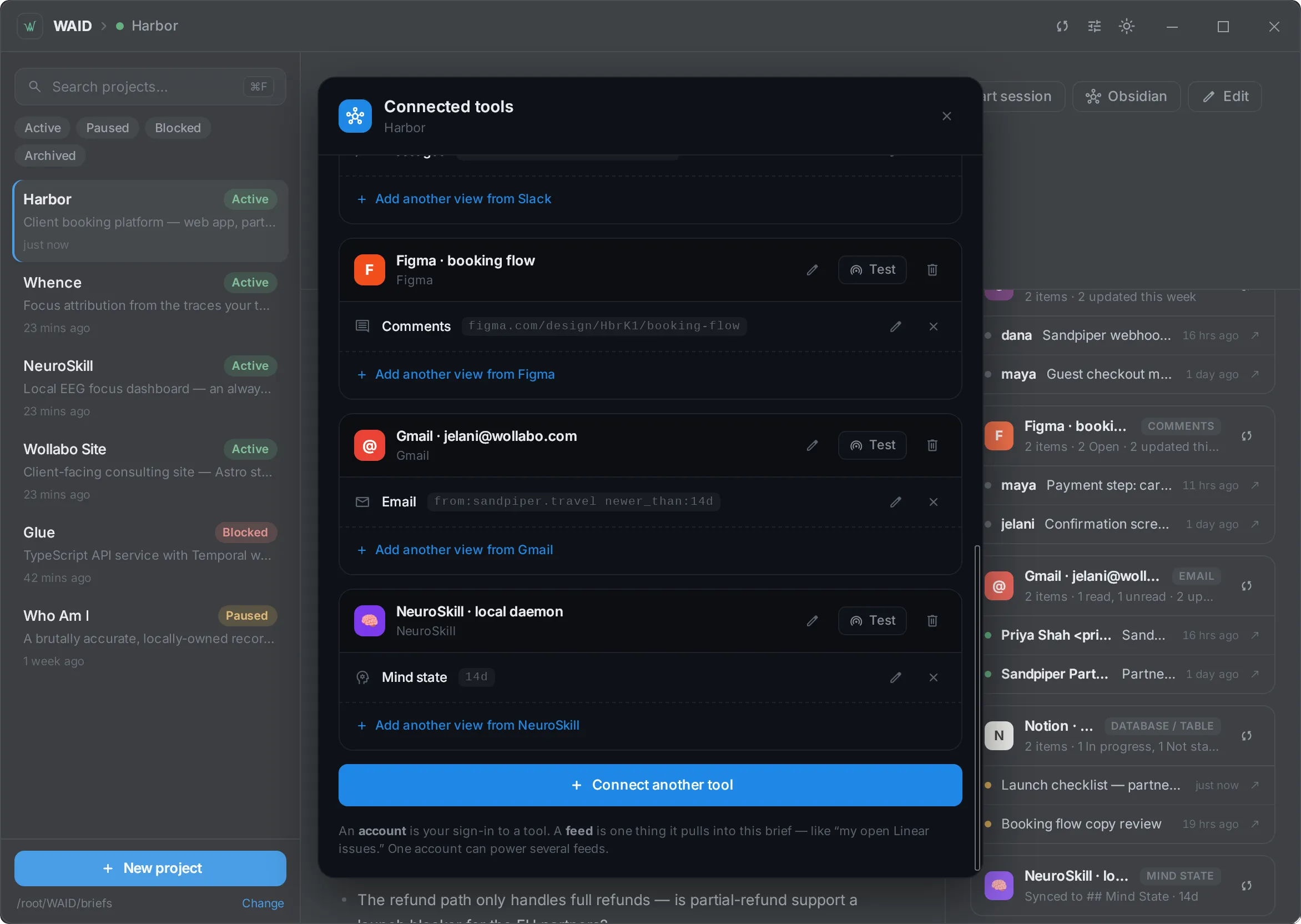 The Connected tools modal for a project, showing per-account feeds: Figma comments on a named file, a Gmail search scoped by sender and recency, and a NeuroSkill mind-state feed with a 14-day window