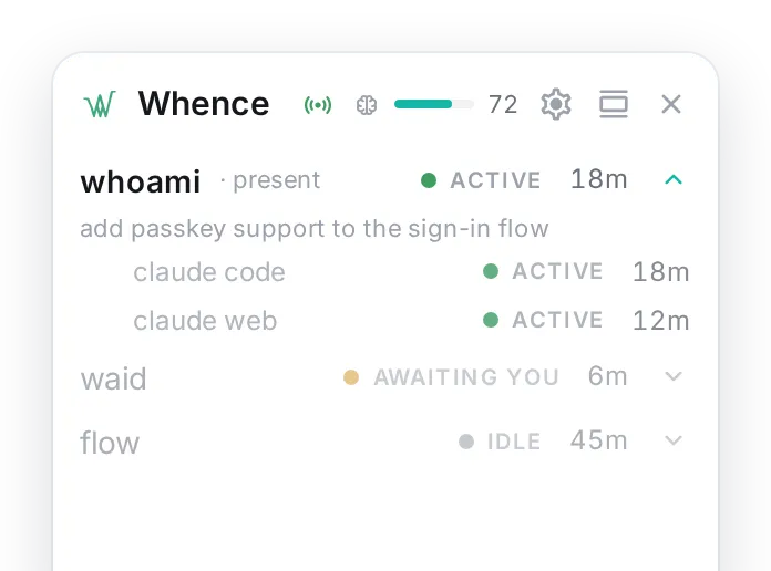 Whence roster in light mode with the whoami project expanded, showing its current context line and per-source activity for Claude Code and Claude on the web