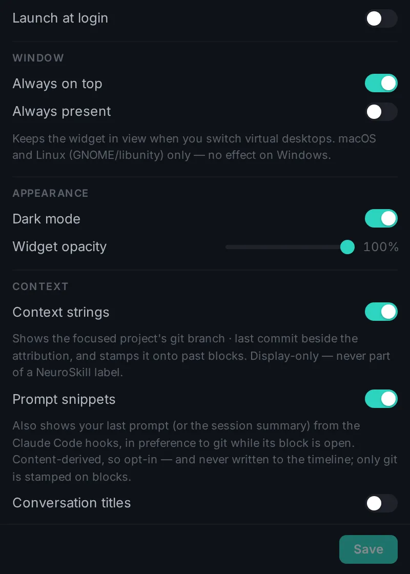 Whence settings in dark mode, showing that content-derived options such as prompt snippets are opt-in
