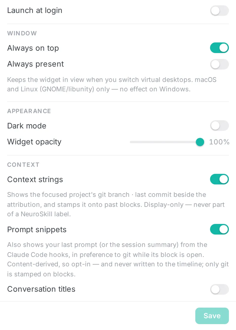 Whence settings in light mode: window behavior, appearance, and context options with plain-language explanations