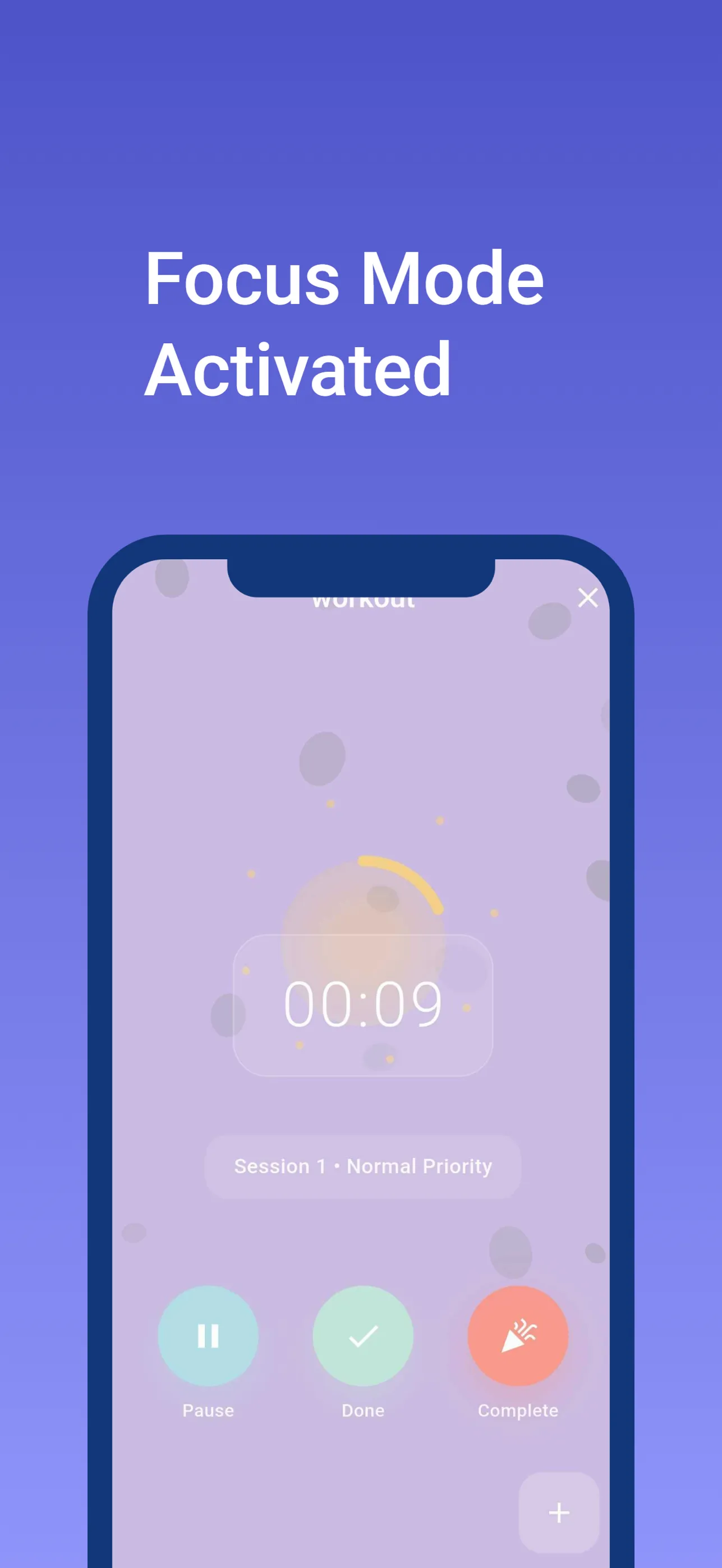 The focus timer mid-session: a glowing progress orb over the session countdown, with Pause, Done, and Complete actions