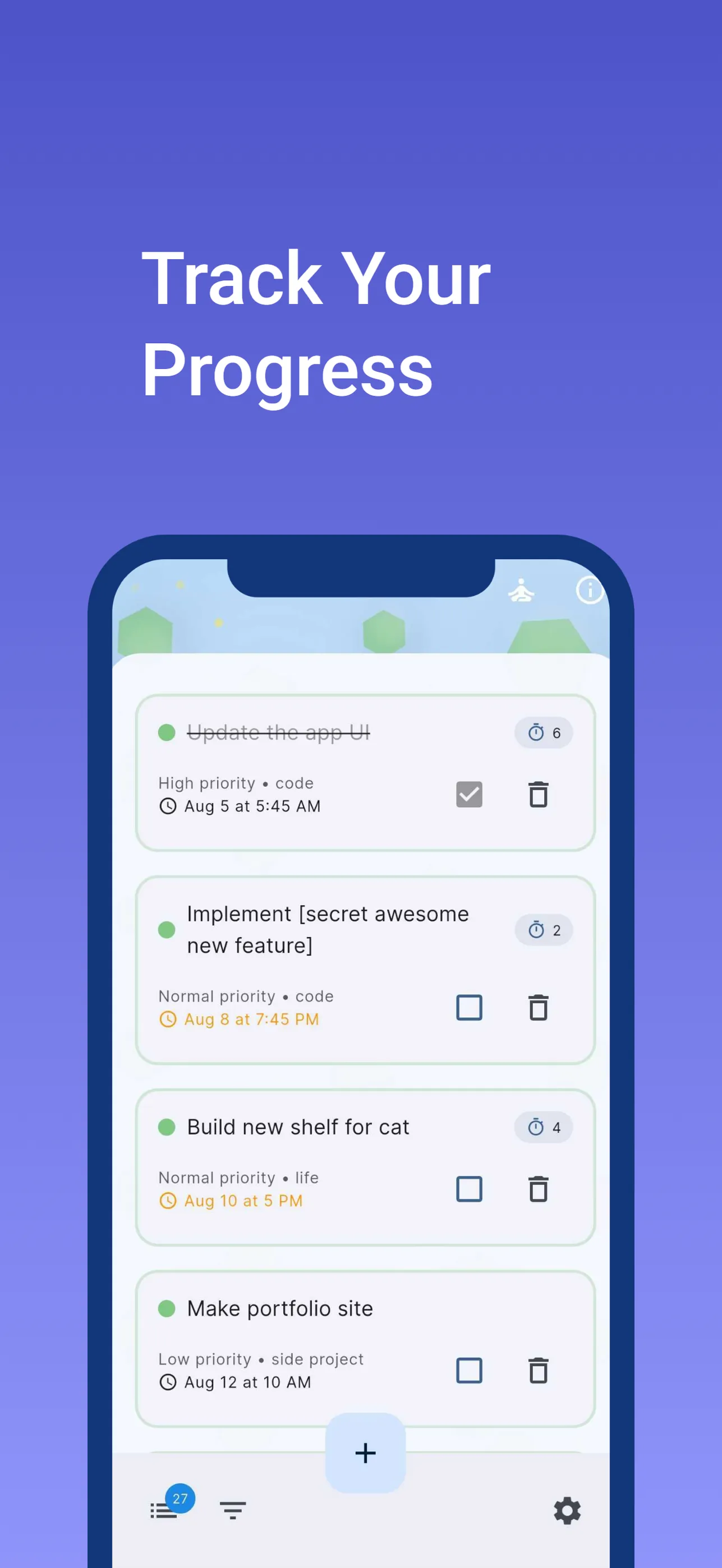 The list view: tasks with priority, category, due date, per-task session counts, and a completed task struck through