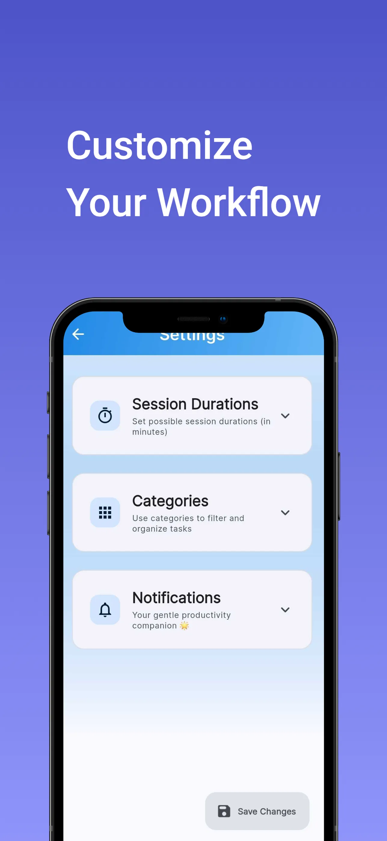 Settings: session durations, categories, and notifications — described as "your gentle productivity companion"